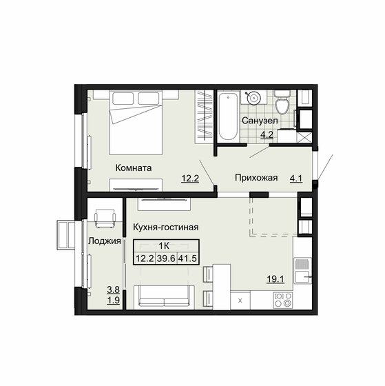 41,5 м², 1-комнатная квартира 3 818 000 ₽ - изображение 1