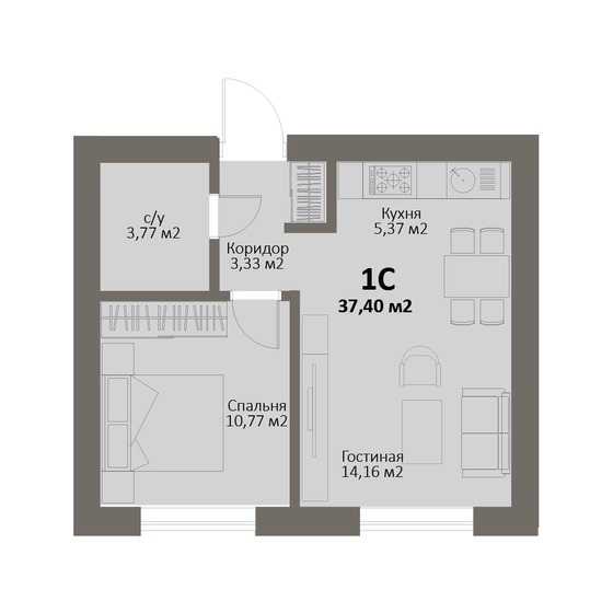 37,4 м², 1-комнатная квартира 5 797 000 ₽ - изображение 1