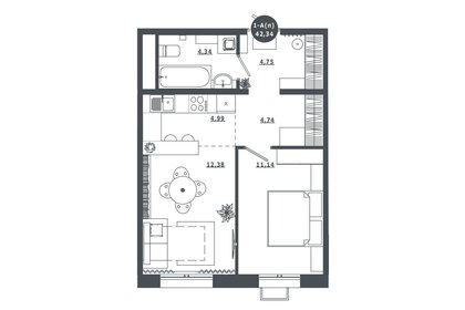 Квартира 42,4 м², 1-комнатная - изображение 1