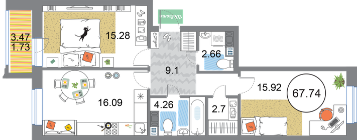 67,3 м², 2-комнатная квартира 19 567 016 ₽ - изображение 59