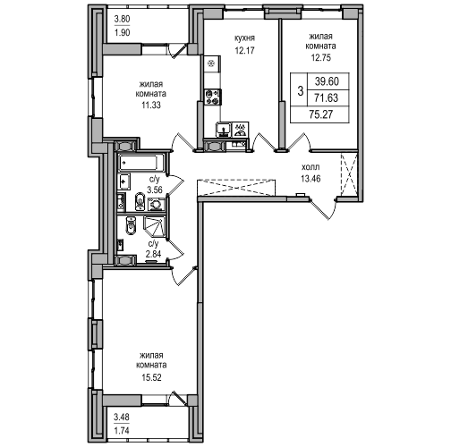 71,6 м², 3-комнатная квартира 14 978 730 ₽ - изображение 1