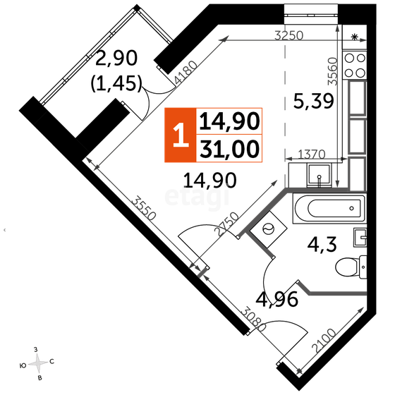 31 м², 1-комнатная квартира 3 714 000 ₽ - изображение 1