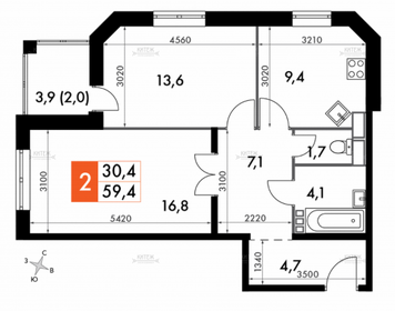 Квартира 59,4 м², 2-комнатная - изображение 2