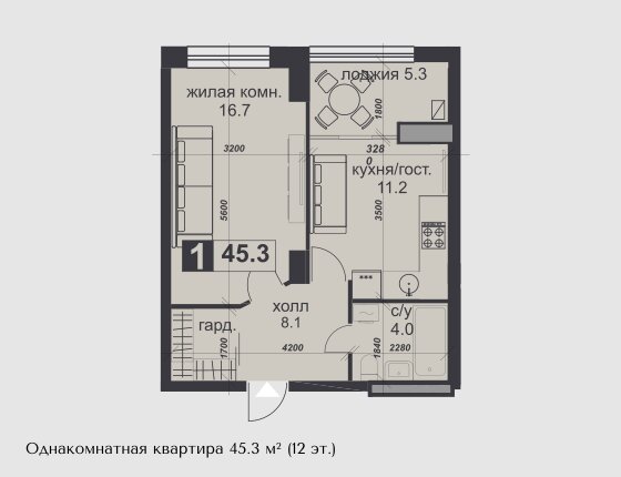 45,3 м², 1-комнатная квартира 4 950 000 ₽ - изображение 1