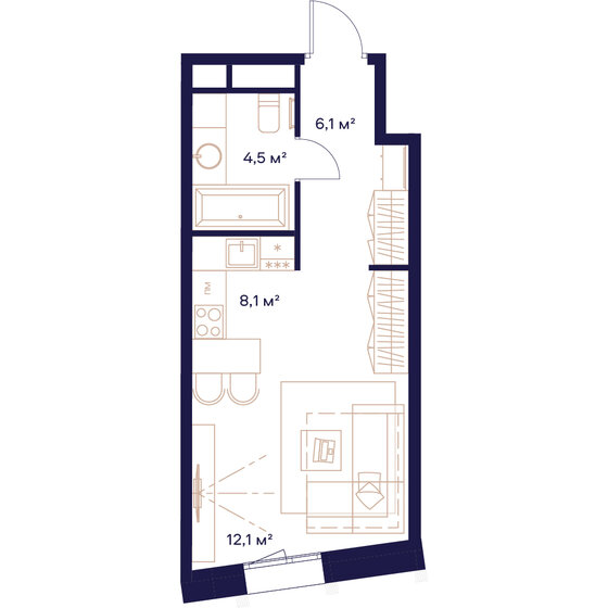 30,8 м², 1-комнатная квартира 19 080 400 ₽ - изображение 1