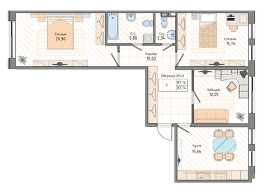 Квартира 87,7 м², 3-комнатная - изображение 1