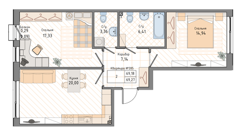 Квартира 69,3 м², 2-комнатная - изображение 1