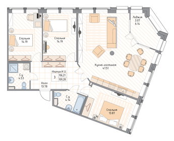 Квартира 109,3 м², 3-комнатная - изображение 1
