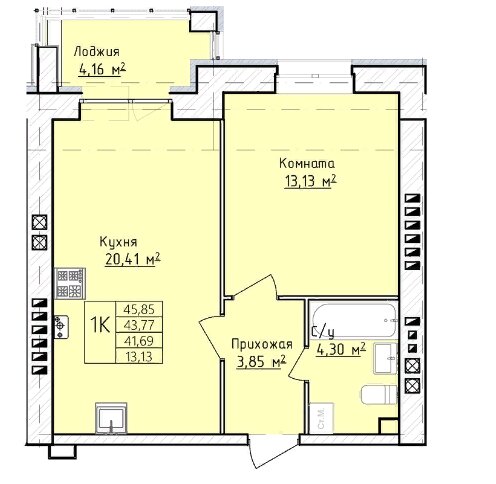 45,9 м², 1-комнатная квартира 4 727 000 ₽ - изображение 1