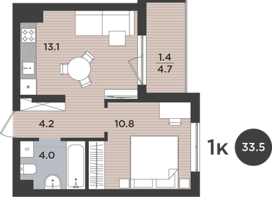 Квартира 33,5 м², 1-комнатная - изображение 1