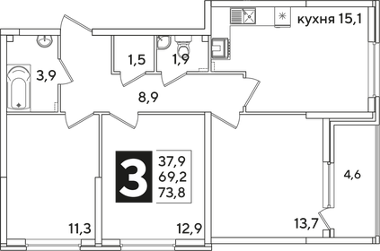 Квартира 73,8 м², 3-комнатная - изображение 2