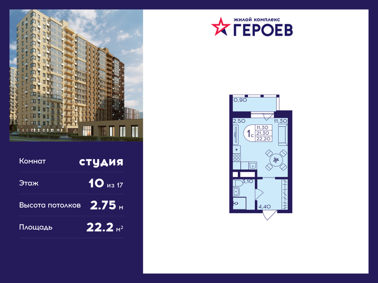 22,2 м², квартира-студия 4 706 400 ₽ - изображение 1