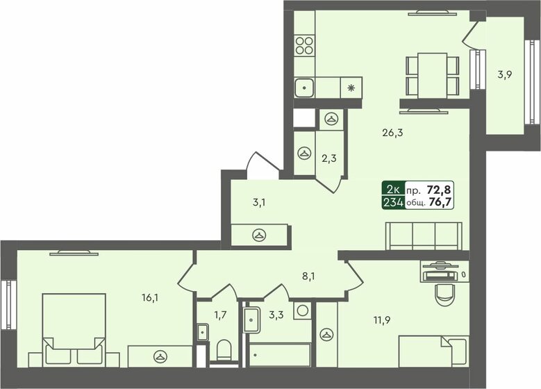 76,7 м², 2-комнатная квартира 7 390 000 ₽ - изображение 1