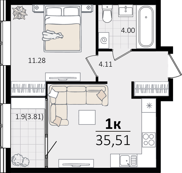 35,5 м², 1-комнатная квартира 10 287 247 ₽ - изображение 1