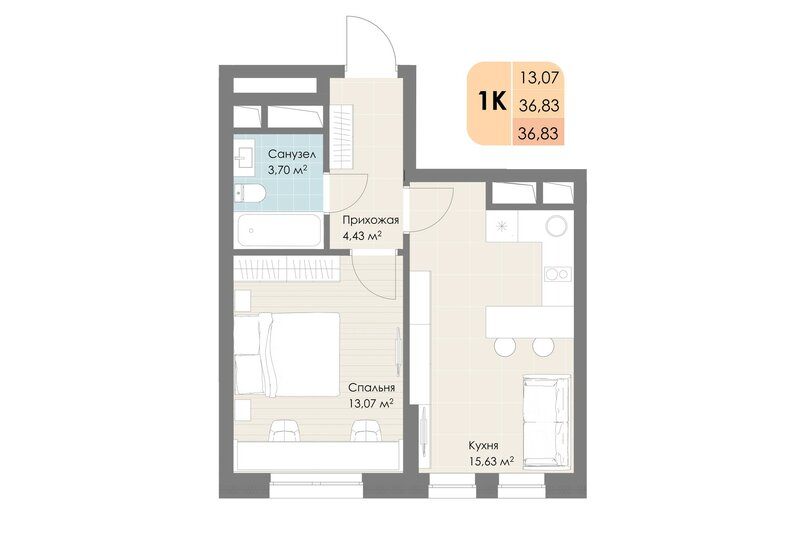 36,8 м², 1-комнатная квартира 8 176 260 ₽ - изображение 1
