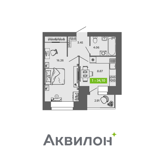 34,1 м², 1-комнатная квартира 4 174 775 ₽ - изображение 1