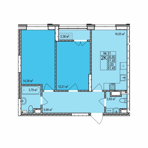 61,5 м², 2-комнатная квартира 9 200 000 ₽ - изображение 1