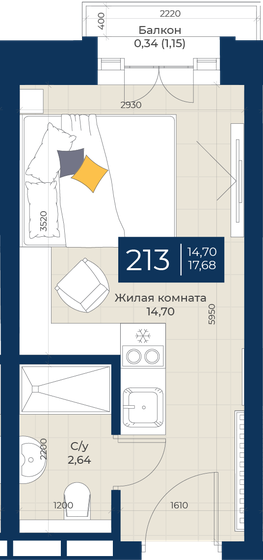 17,7 м², 1-комнатные апартаменты 9 724 000 ₽ - изображение 1