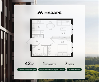 Квартира 42 м², 1-комнатная - изображение 1