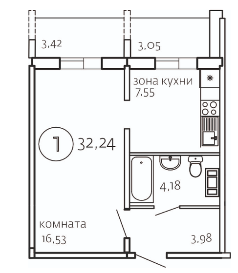 32,2 м², 1-комнатная квартира 3 772 080 ₽ - изображение 1