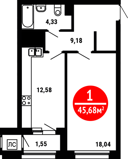 45,7 м², 1-комнатная квартира 5 024 800 ₽ - изображение 1