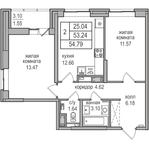 53,2 м², 2-комнатная квартира 10 947 042 ₽ - изображение 1