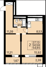 Квартира 54,7 м², 2-комнатная - изображение 1