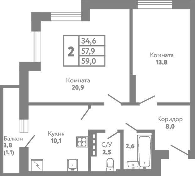 59,1 м², 2-комнатная квартира 10 800 000 ₽ - изображение 1