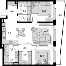 Квартира 89,6 м², 3-комнатная - изображение 2