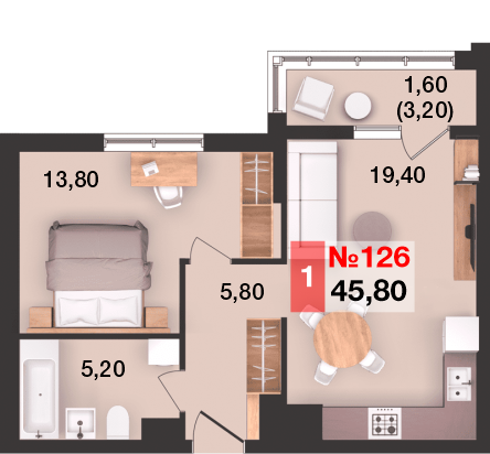 45,8 м², 1-комнатная квартира 5 221 200 ₽ - изображение 1