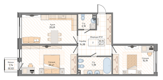 Квартира 81,5 м², 2-комнатная - изображение 1