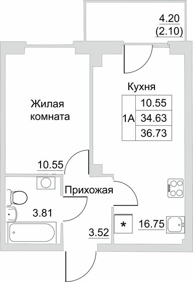 36,7 м², 1-комнатная квартира 2 791 480 ₽ - изображение 1