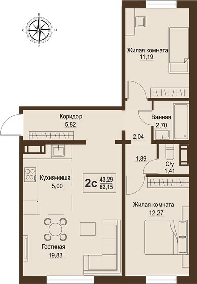 62,2 м², 3-комнатная квартира 6 059 625 ₽ - изображение 1