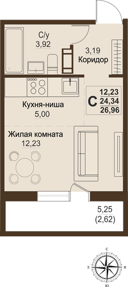 24,3 м², 1-комнатная квартира 2 738 250 ₽ - изображение 1