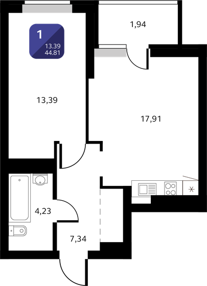 44,8 м², 1-комнатная квартира 4 929 100 ₽ - изображение 1