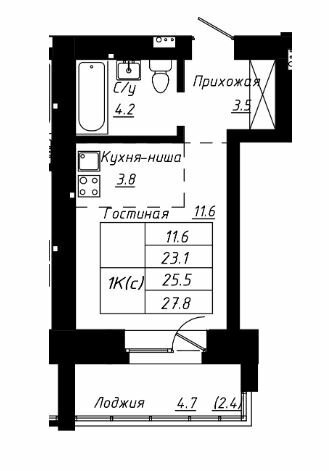 28 м², 1-комнатная квартира 3 660 000 ₽ - изображение 1