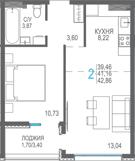 41,2 м², 2-комнатная квартира 7 614 600 ₽ - изображение 1