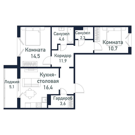 64,3 м², 2-комнатная квартира 8 977 500 ₽ - изображение 1