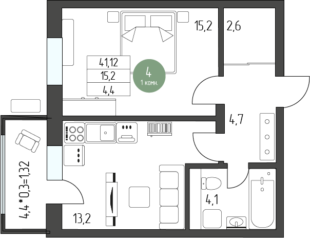 44,2 м², 1-комнатная квартира 5 839 040 ₽ - изображение 1