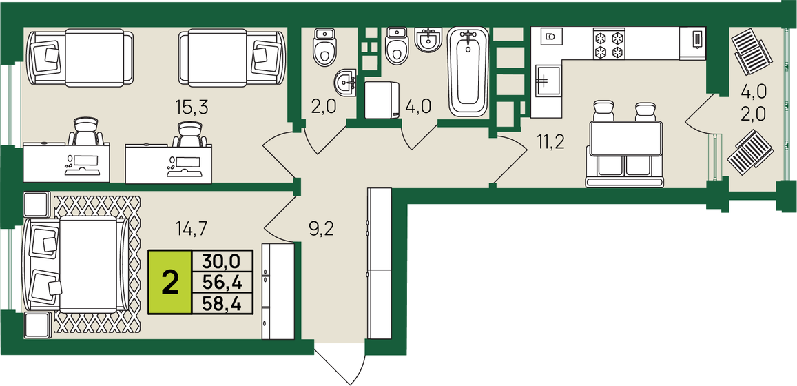 58,4 м², 2-комнатная квартира 6 378 800 ₽ - изображение 1
