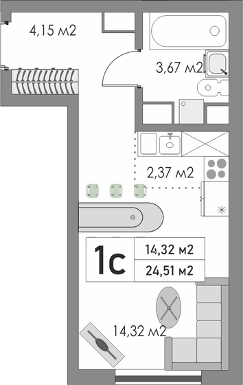 24,5 м², 1-комнатная квартира 2 622 570 ₽ - изображение 1