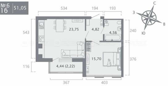 Квартира 53,2 м², 1-комнатная - изображение 1