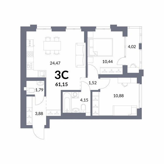59,1 м², 3-комнатная квартира 12 200 000 ₽ - изображение 1