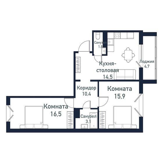 62,1 м², 2-комнатная квартира 7 446 000 ₽ - изображение 1