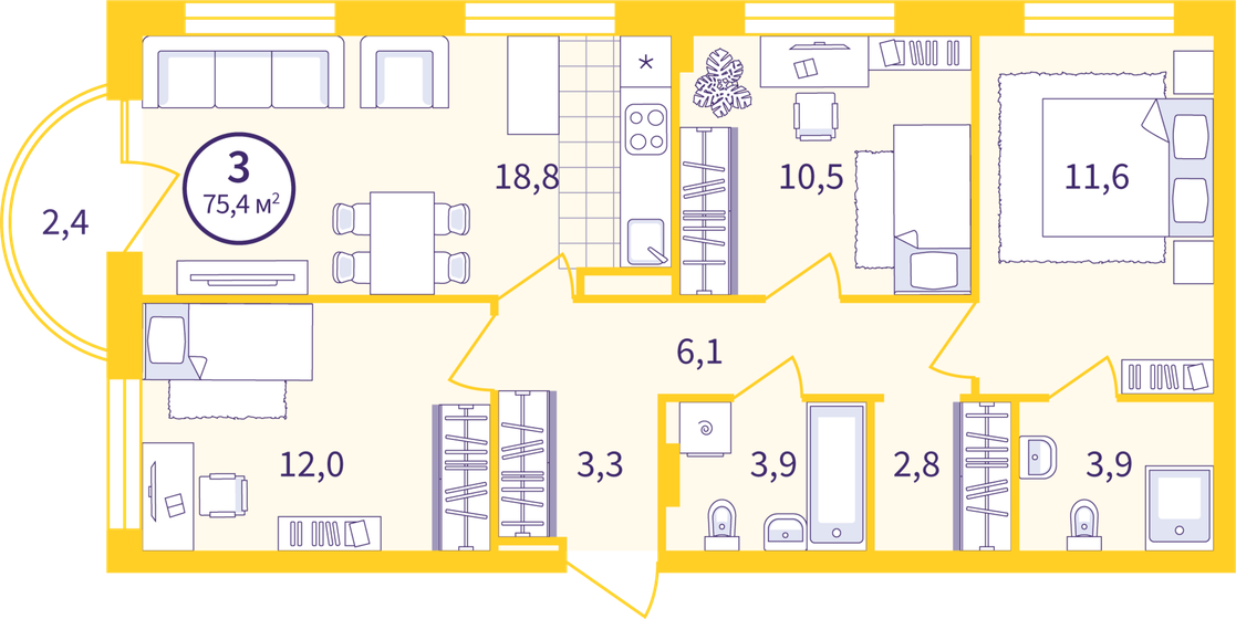 73,7 м², 3-комнатная квартира 8 750 000 ₽ - изображение 1