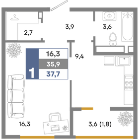 Квартира 37,7 м², 1-комнатная - изображение 1