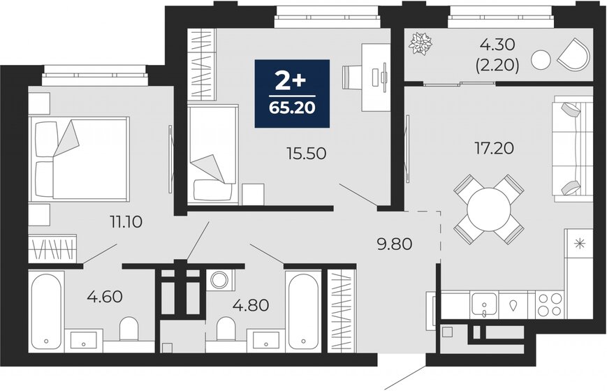 65,2 м², 2-комнатная квартира 9 850 000 ₽ - изображение 22