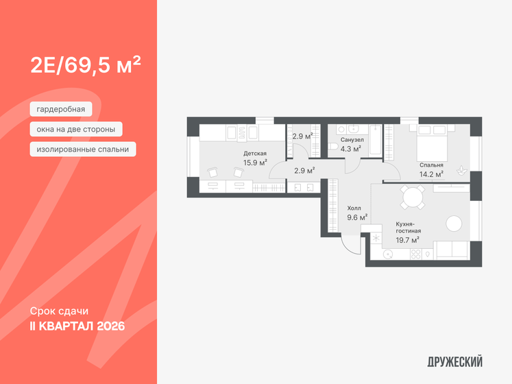 69,5 м², 2-комнатная квартира 7 920 000 ₽ - изображение 1