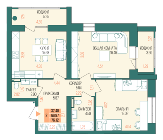 Квартира 76,1 м², 2-комнатная - изображение 1