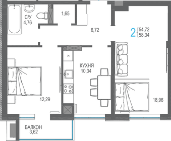 Квартира 58,3 м², 2-комнатная - изображение 1